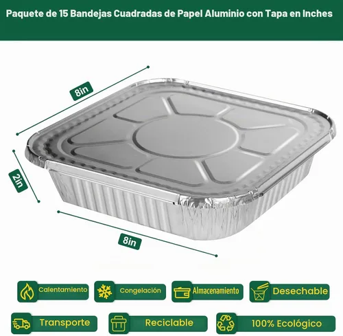 Vista 2 de Bandejas desechables de papel de aluminio de 8 x 8 pulgadas con tapas (paquete de 15) - Bandejas de hornear resistentes para freidora de aire, horno