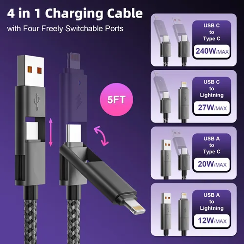 Vista 2 de Cable de carga de 240W 4 en 1, cable de carga rápida USB C a Lightning, cable trenzado USB a USB C, cable de carga múltiple esencial para viajes