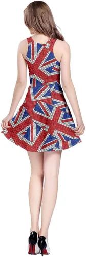 Vista 2 de CowCow Vestido de verano con cuello en V para mujer, diseño rojo brillante de bandera británica y bandera de Estados Unidos, talla XS-5XL