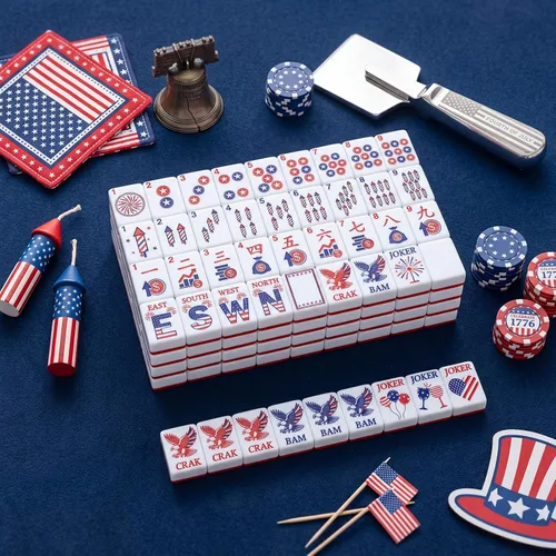 Vista 4 de Arrowbash Juego de azulejos Mahjong americanos, 160 piezas, tema de EE. UU Rojo