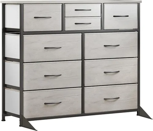 Vista 11 de LUMTOK - Cómoda de 10 cajones, cómodas de tela para dormitorio, pasillo, guardería, armarios, marco de acero, parte superior de madera, mango fácil