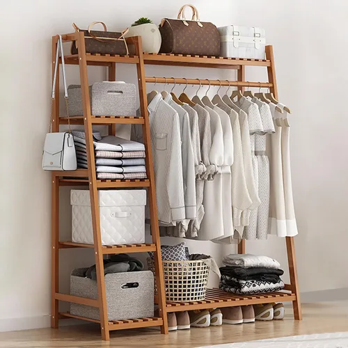 Vista 11 de Perchero de bambú para ropa, con estantes de almacenamiento y ganchos, organizador de almacenamiento de ropa abierto para entrada, dormitorio, sala