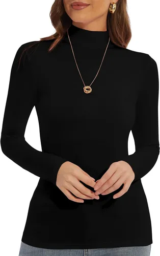 Vista 6 de Zephyrine Camisa ligera de manga larga para mujer, cuello alto, ligera, ajustada, capa base