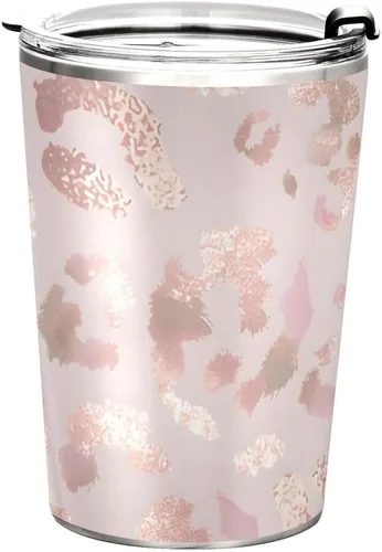 Vista 8 de Vaso de acero inoxidable aislado al vacío de doble pared, simple termo con estampado de leopardo, guepardo, oro rosa, taza de viaje para café