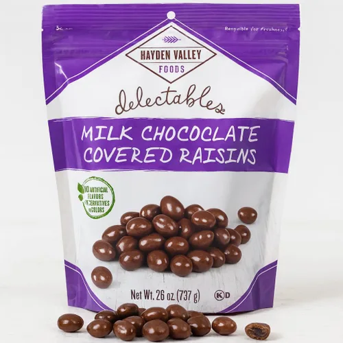 Vista 6 de Hayden Valley Foods Pasas cubiertas de chocolate con leche, bolsa resellable de 26 onzas, sin sabores, conservantes ni colores artificiales