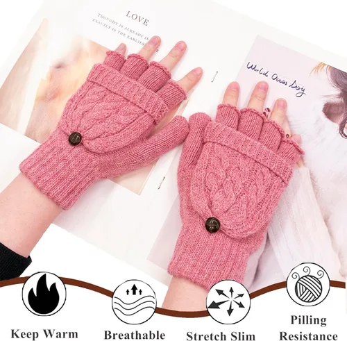 Vista 44 de Beurlike Guantes de invierno para mujer, de lana cálida, a prueba de viento, convertibles, sin dedos