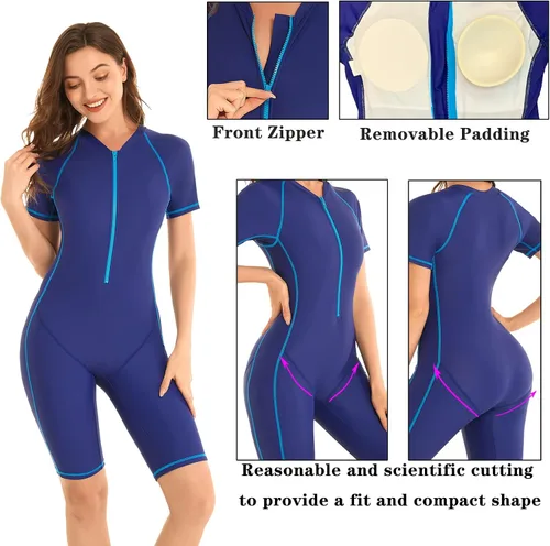 Vista 4 de Traje de baño de una pieza para mujer con cremallera frontal y manga corta, traje de baño atlético para adolescentes