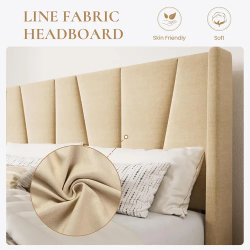 Vista 4 de SHA CERLIN Base de cama tamaño Queen con cabecera geométrica con respaldo de ala, plataforma tapizada con soporte de listones de madera, espacio