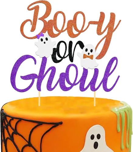 Vista 12 de 24 piezas de adornos de Halloween para cupcakes fantasmas, palillos de revelación de género para niños y niñas, adornos para tartas rosas y azules