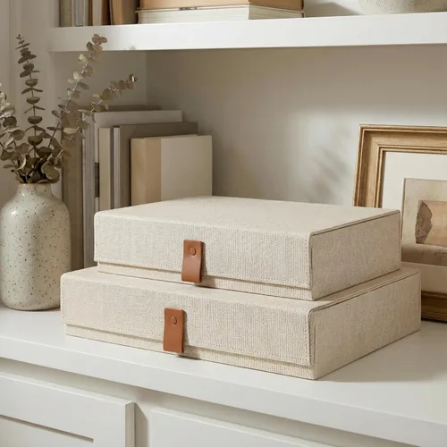 Vista 10 de Cajas Decorativas de Almacenamiento de Fotos con Tapas - Juego de 2 Hermosos Organizadores de Lino Son Perfectos para Almacenar de Forma Segura Tus