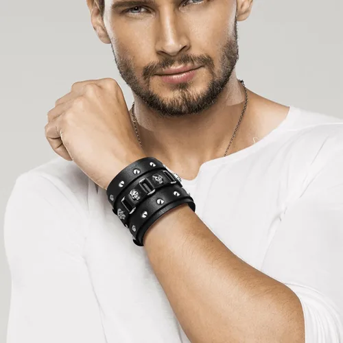 Vista 2 de Aroncent Pulsera de cuero con calavera: pulsera ancha con remache de metal, estilo de bicicleta punk rock, ajustable, pulsera gótica para hombre