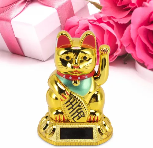 Vista 8 de Fortuna alimentada por energía solar, dando la bienvenida saludando riqueza fortuna gatos Fung Shui Cat para oficina en casa y negocios ()