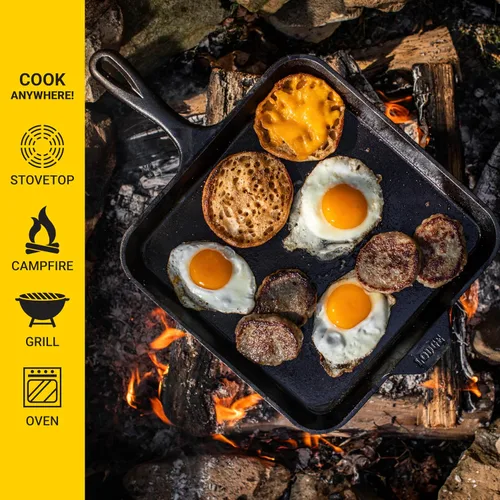 Vista 3 de Lodge - Plancha cuadrada de hierro fundido de 11" Hierro fundido para panqueques, huevos, tocino y parrilla, distribución de calor duradera