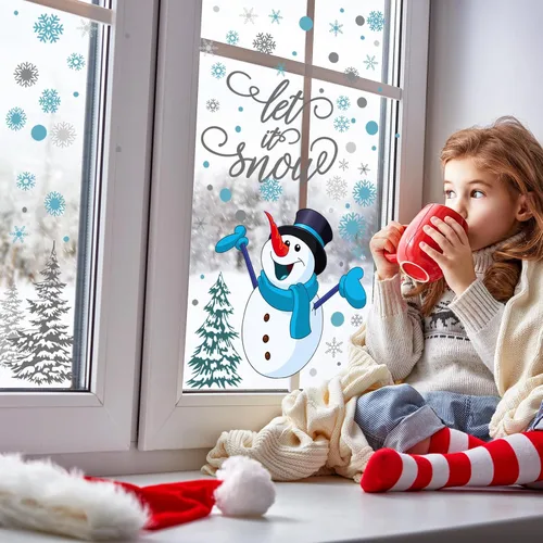 Vista 3 de Soaoo 63 calcomanías de pared de invierno, calcomanías de copos de nieve, calcomanías extraíbles de muñeco de nieve de Navidad, arte de pared