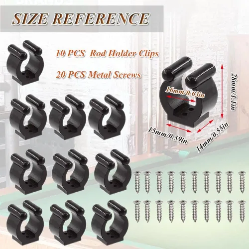 Vista 3 de Soporte para taco de billar, 10 clips de plástico para cañas de pescar, soporte para palos de billar, clips de soporte para palos de billar