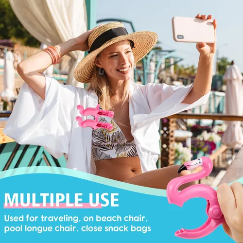 Vista 4 de Boao 4 clips para toallas de playa de flamenco, tamaño gigante, clips para sillas de playa, soporte para toallas, ropa, sombreros, para crucero