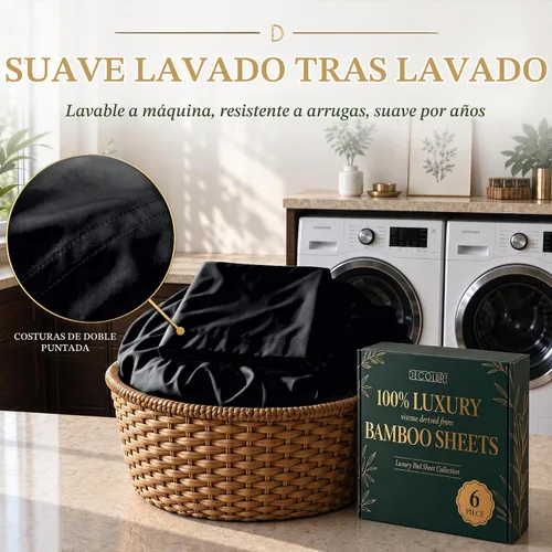 Vista 6 de DECOLURE Sábanas de Viscosa 100% Derivada de Bambú Tamaño Full - Juego de Sábanas de Lujo de 6 Piezas Naturalmente Refrescantes, Ultra Suaves Negro