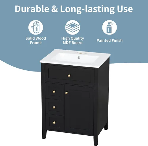 Vista 7 de Harper & Bright Designs Tocador de baño de 24 pulgadas con lavabo, juego de tocador independiente con 4 cajones, estantes de almacenamiento y Negro