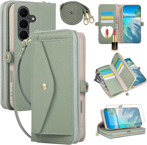 Vista 55 de Asuwish Funda de teléfono para Samsung Galaxy S23 5G con cremallera, funda para celular con protector de pantalla, correa para el hombro, espejo