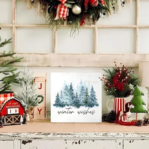 Vista 2 de MTRGDN Decoración de árbol de invierno, letrero de Navidad y decoración de Navidad, placa de bloque de madera rústica para el hogar