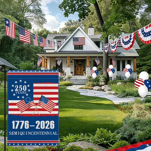 Vista 2 de Bandera de jardín del 250 aniversario de Estados Unidos, bandera americana 1776-2026 del 250 aniversario, bandera conmemorativa patriótica de doble