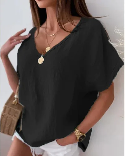 Vista 3 de Camiseta de manga corta para mujer, de algodón, lino, cuello en V, holgada, de manga corta, de gran