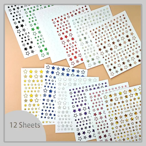 Vista 3 de Calcomanías de uñas de estrella, 12 hojas de calcomanías de estrella de uñas 3D para arte de uñas, decoración de uñas de estrella colorida