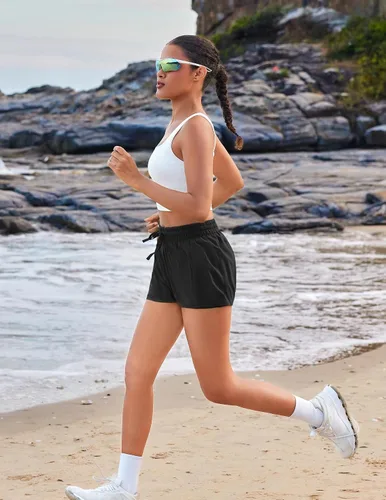 Vista 2 de PINSPARK - Pantalones cortos de cintura alta para mujer, de secado rápido, con bolsillo, para el gimnasio Negro