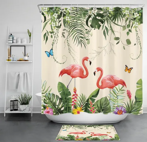 Vista 11 de EOBTAIN Cortina de ducha de hojas de plantas tropicales para baño, flamenco rosa y mariposa azul con hojas de palma en beige, cortina de ducha con 8