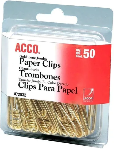 Vista 2 de Clips jumbo para papeles ACCO, tonalidad en oro, de acabado suave, alambre de acero, capacidad para 20 hojas, caja de 50 clips (A7072532)