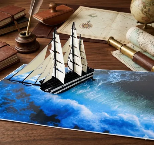 Vista 5 de ETA Tarjeta de felicitación de barco alto desplegable 3D, tarjeta náutica hecha a mano con diseño de océano, ideal para cumpleaños, jubilación, día