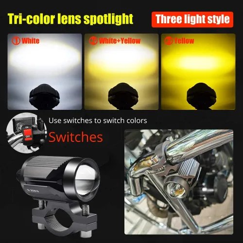 Vista 2 de Luces de conducción de motocicleta de 15 vatios, luces de doble color, blanco/ámbar, 3 modos, luces deportivas con lente impermeable