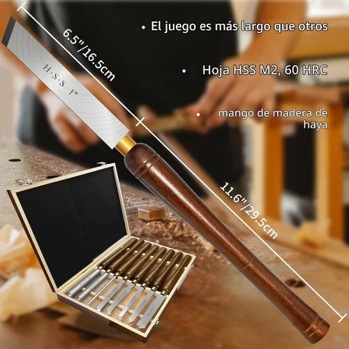 Vista 5 de Juego de cinceles para torno de madera, 8 piezas, herramientas de torneado de madera M2 HSS Wood Lathe Tools Kit with 11.6" Ergonomic Handles &