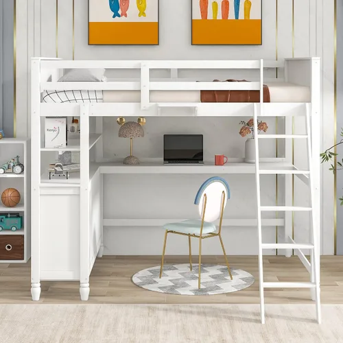 Vista 30 de Cama loft multifuncional de tamaño matrimonial con escritorio integrado, 6 cajones de almacenamiento y estante, marco de cama de madera con escalera