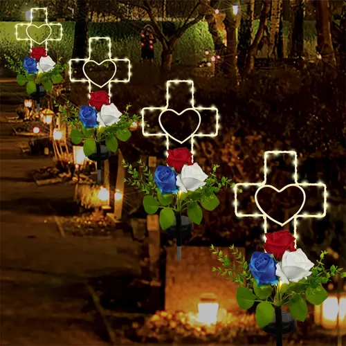 Vista 4 de Lmtocs Decoraciones solares para el Día de los Caídos, luces de cruz, decoraciones del 4 de julio, luces conmemorativas al aire libre, decoraciones