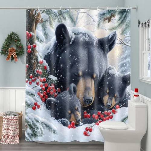 Vista 6 de Wathon Cortina de Ducha de Oso Negro de Invierno Escena Nevada Cortina de Baño con Osos Abrazándose Rodeados de Nieve y Bayas Rojas, Decoración