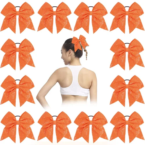 Vista 5 de Oaoleer 12 lazos grandes con purpurina para el pelo de 7 pulgadas, banda elástica hecha a mano para animadoras, adolescentes, niñas, deportes Negro