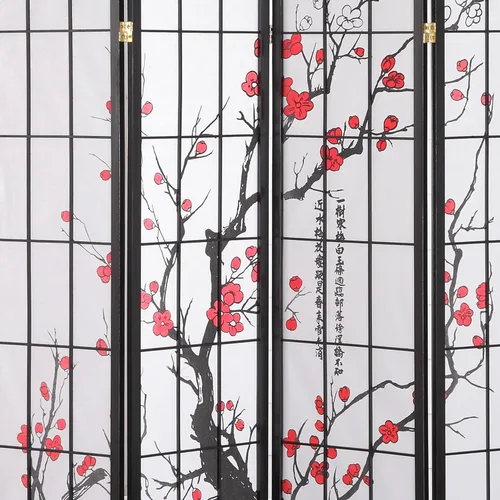 Vista 5 de Roundhill Biombo negro de 4 paneles con diseño japonés de flor de ciruelo