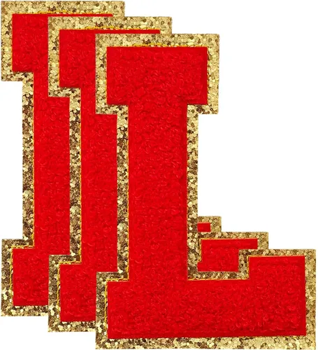 Vista 10 de 3 parches de letras de felpilla roja, parches de letras termo-adhesivas de 4-1/2" con brillantina para ropa, S