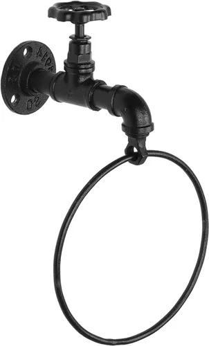 Vista 5 de MyGift Anillo de soporte para toallas de mano, estante colgante de toalla de baño montado en la pared, accesorios de baño industriales, decoración
