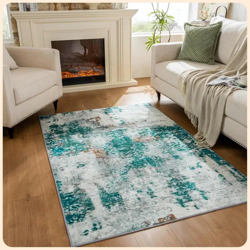 Vista 78 de Istana Alfombra larga antideslizante de 2.5 x 8 para el hogar, para pasillo y cocina, lavable, sedosa y suave al tacto, elegante, color azul y marfil