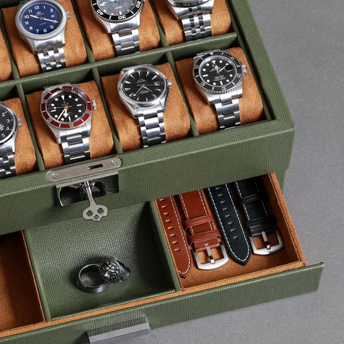 Vista 4 de ROTHWELL Caja de reloj de 10 ranuras en cuero con cajón de valet organizador de exhibición de lujo con forro de microgamuza ultrasuave soporte