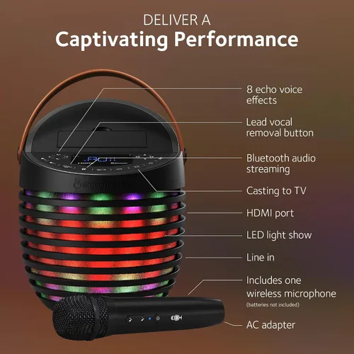 Vista 4 de Singing Machine Sistema de karaoke para adultos y niños con micrófono inalámbrico, SingCast One - Altavoz de karaoke con tecnología de transmisión