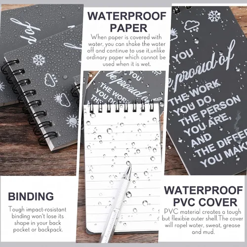 Vista 4 de Cuaderno impermeable de 24 piezas con juego de bolígrafos multiherramienta que incluye 3 x 5 bloc de notas de bolsillo en espiral superior y Gris
