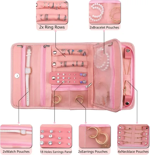 Vista 3 de Ruksifg Bolsa organizadora de joyas de viaje, portátil, de piel sintética, organizador de viaje, impermeable, ligera, bolsa de joyería de viaje