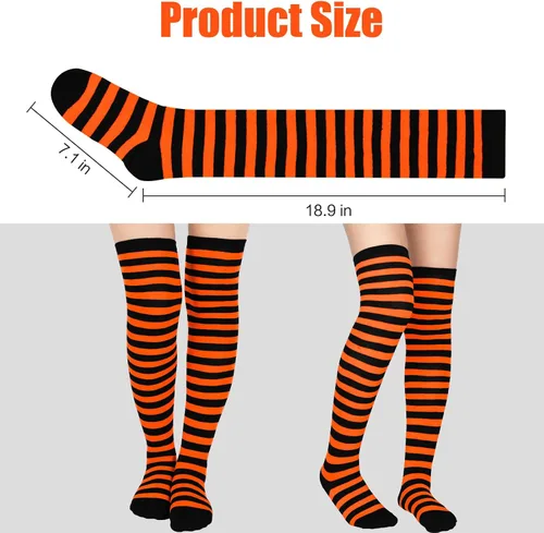 Vista 7 de GODORIO Calcetines a rayas de Halloween, medias altas hasta el muslo por encima de la rodilla, medias para mujeres y hombres para fiesta de cosplay
