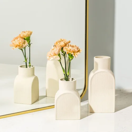 Vista 2 de Ceramic Ribbed Vases - 2 Piece Set, Small and Large Vase, Bottle Flower Planter Set. Scandi Style Home Decor. Neutral Cream Home Decor, Coastal
