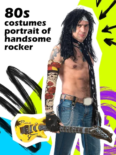Vista 6 de Disfraz de rockero de los años 80 para hombre, incluye peluca hippie, lentes de sol, cadena de pantalones, pulsera, diadema, manga de tatuaje