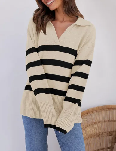 Vista 3 de ZESICA Women's 2024 Winter Sweaters Lapel V Neck Long Sleeve Striped Chunky Knit Oversized Pullover Sweater Jumper Tops