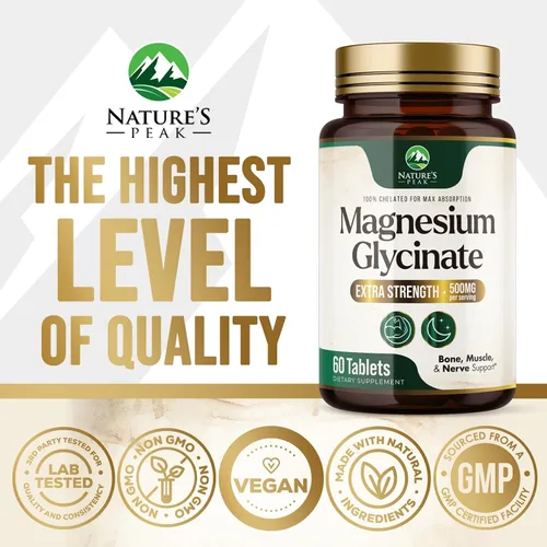 Vista 4 de Glicinato de magnesio 500 mg por porción - Suplemento de magnesio quelado para suplemento de alta absorción - Soporte para la salud muscular, huesos